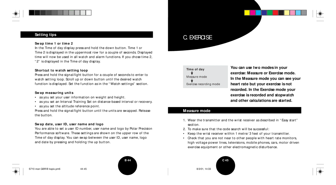 Polar S710 user manual Exercise, Setting tips, Measure mode 