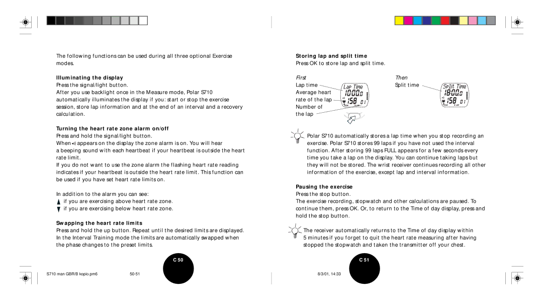 Polar S710 user manual Illuminating the display, Turning the heart rate zone alarm on/off, Swapping the heart rate limits 