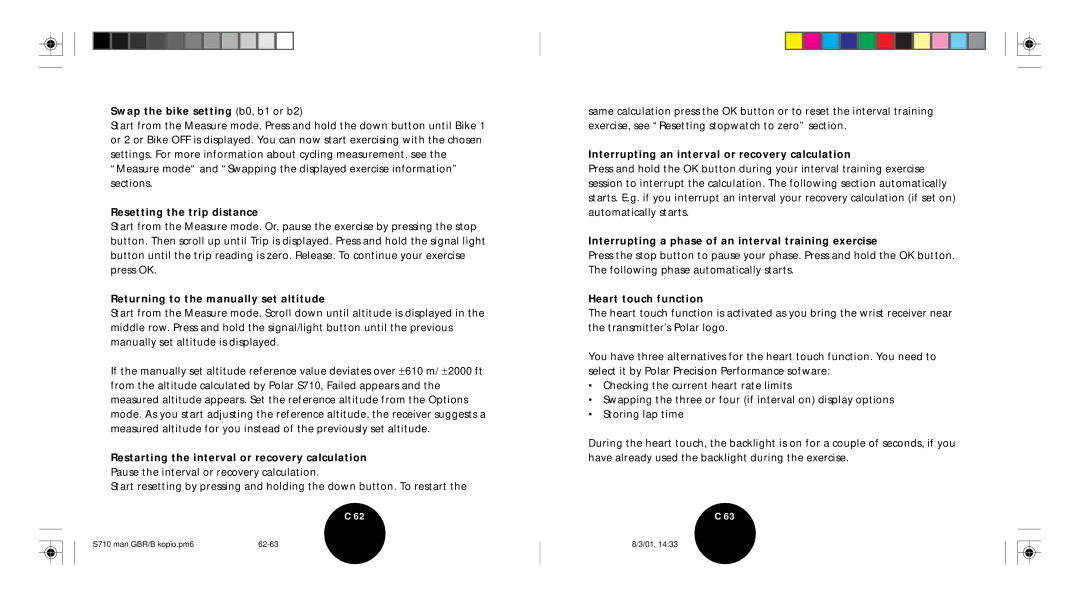 Polar S710 Swap the bike setting b0, b1 or b2, Resetting the trip distance, Returning to the manually set altitude 