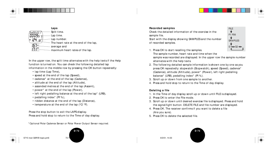 Polar S710 user manual Laps, Recorded samples, Deleting a file 