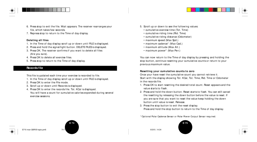 Polar S710 user manual Records file, Deleting all files, Resetting your cumulative counts to zero 