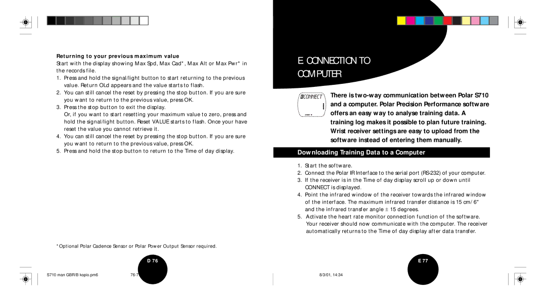 Polar S710 Connection to Computer, Downloading Training Data to a Computer, Returning to your previous maximum value 