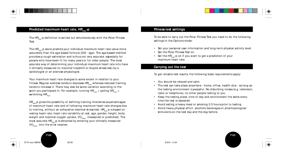 Polar S710 user manual Predicted maximum heart rate, HRmax-p, Fitness test settings, Carrying out the test 