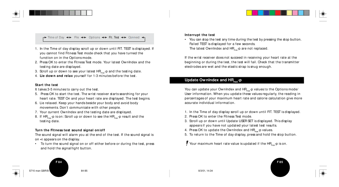 Polar S710 Update OwnIndex and HRmax-p, Start the test, Turn the Fitness test sound signal on/off, Interrupt the test 