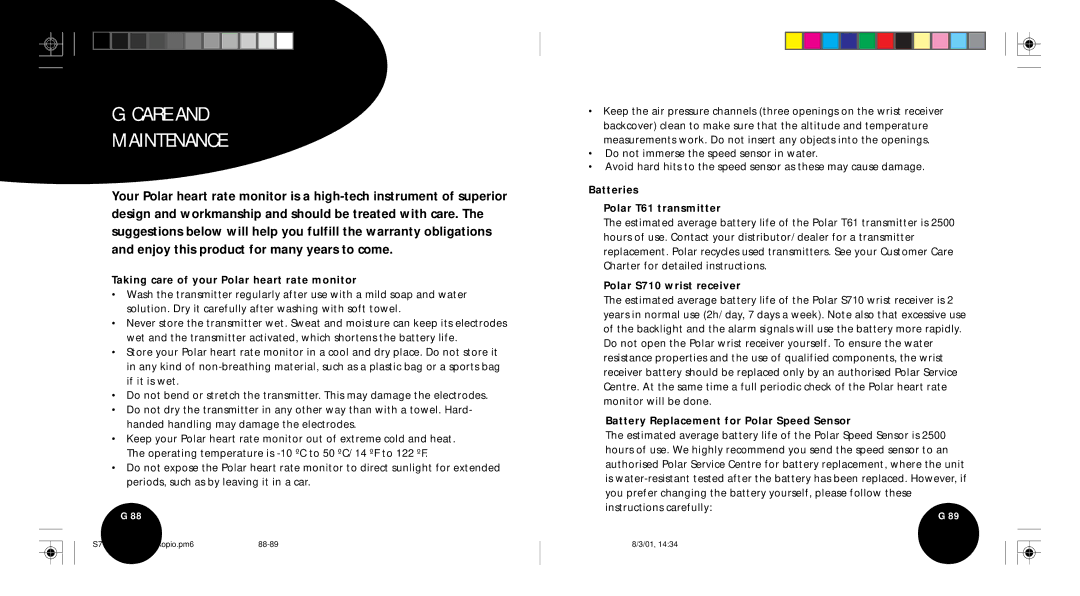 Polar S710 user manual Care Maintenance, Taking care of your Polar heart rate monitor, Batteries Polar T61 transmitter 