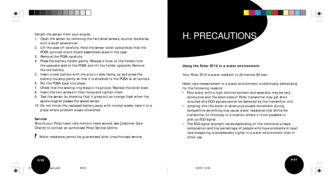 Polar user manual Precautions, Service, Using the Polar S710 in a water environment 