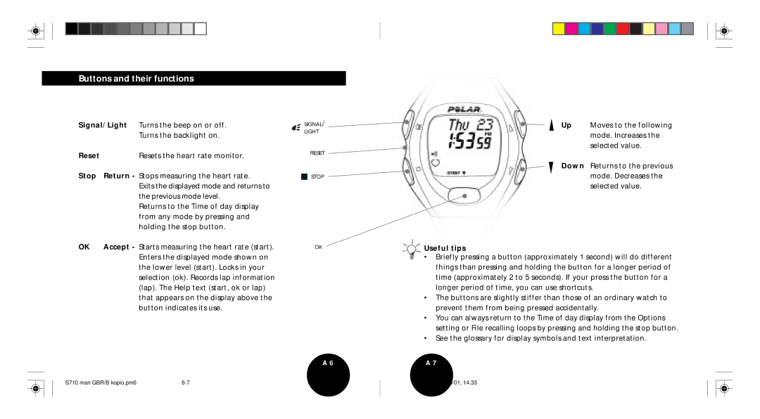 Polar S710 user manual Buttons and their functions, Reset, Useful tips 