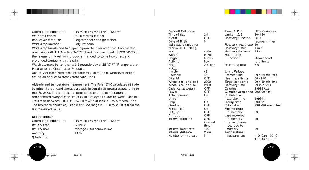 Polar S710 user manual Speed sensor, Default Settings, Limit Values 