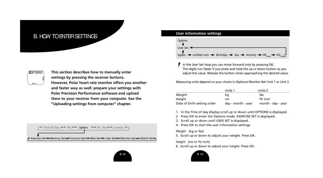 Polar s720i/s710i manual HOW to Enter Settings, User information settings, Units 