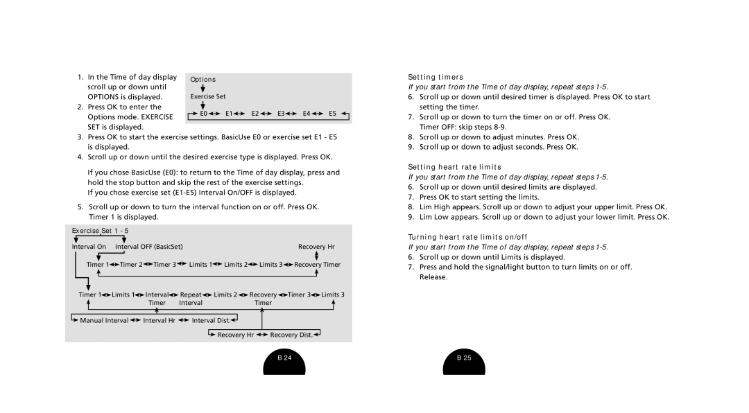 Polar s720i/s710i manual Setting timers, Setting heart rate limits, Turning heart rate limits on/off 