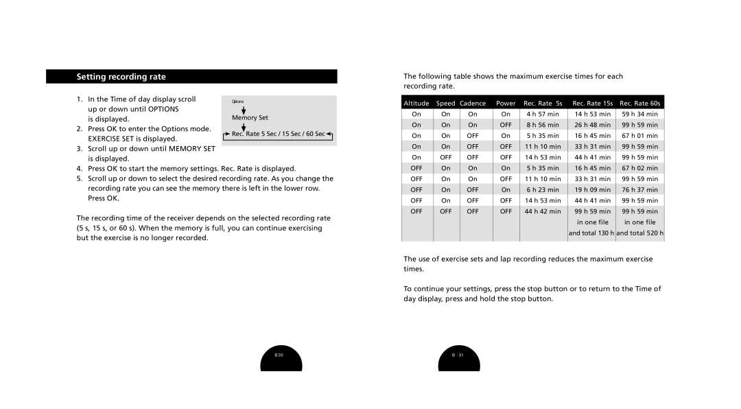 Polar s720i/s710i manual Setting recording rate, Rec. Rate 60s 