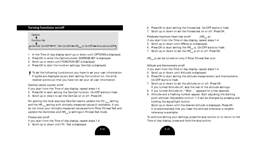 Polar s720i/s710i manual Turning functions on/off, OwnCal calorie counter on/off, Fitness test on/off 