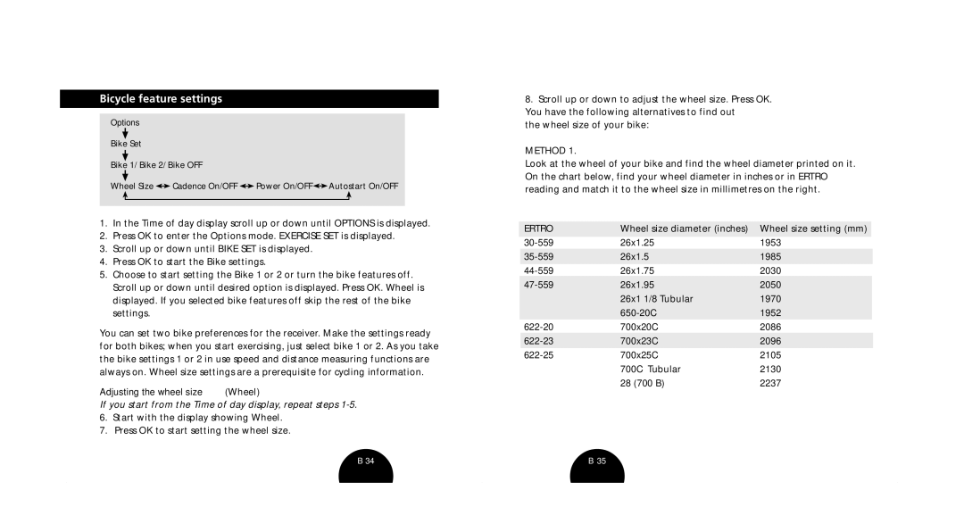 Polar s720i/s710i manual Bicycle feature settings, Adjusting the wheel size Wheel 