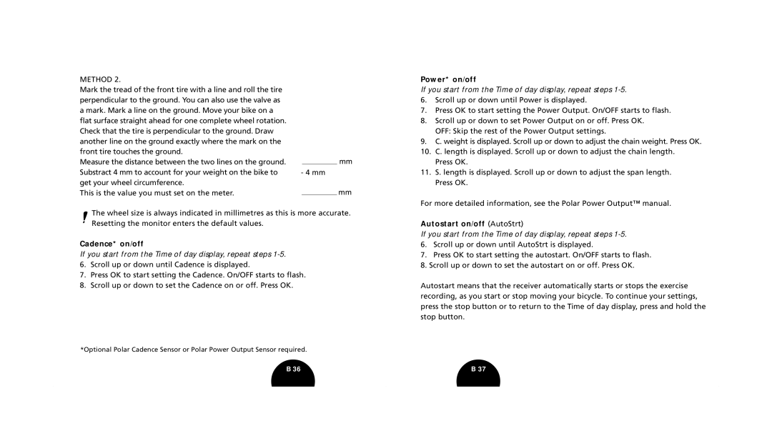 Polar s720i/s710i manual Cadence* on/off, Power* on/off, Autostart on/off AutoStrt 