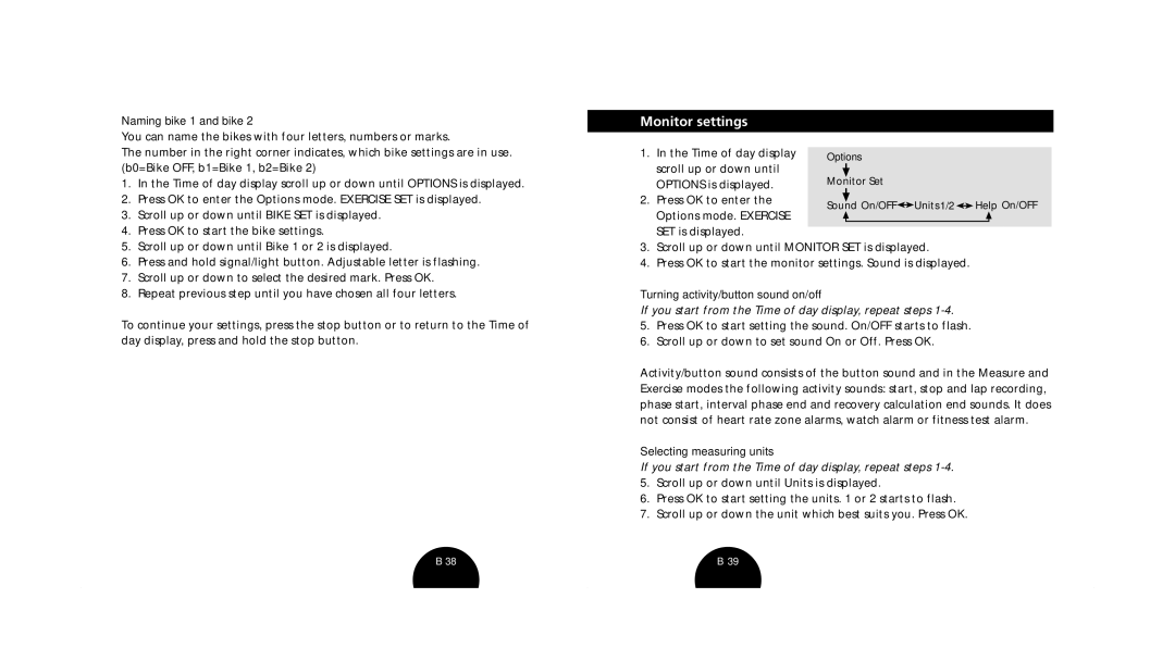 Polar s720i/s710i manual Monitor settings, Naming bike 1 and bike, Turning activity/button sound on/off 