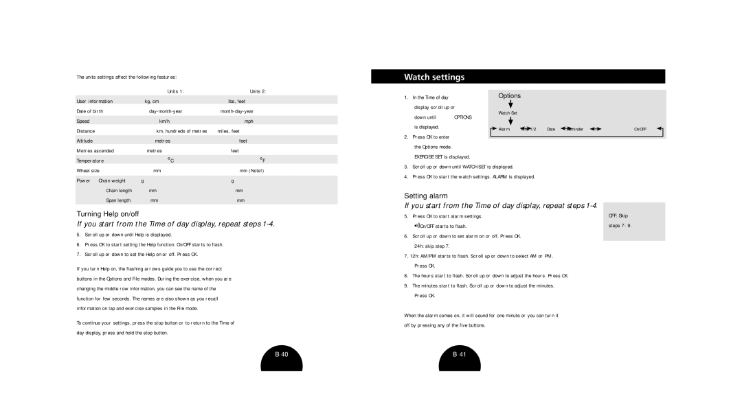 Polar s720i/s710i manual Watch settings, Turning Help on/off, Setting alarm 