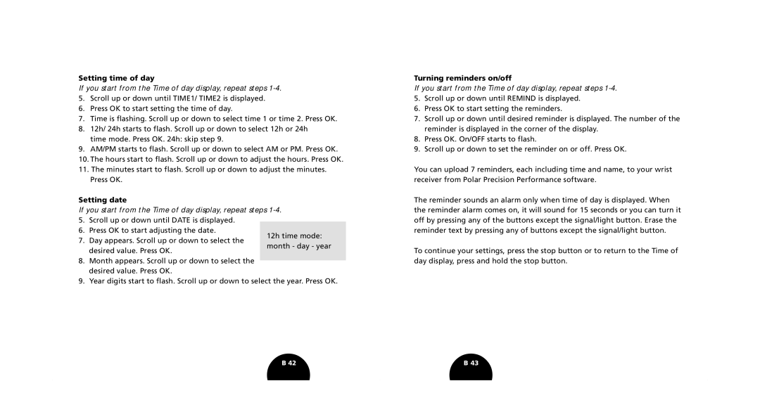 Polar s720i/s710i manual Setting time of day, Setting date, Turning reminders on/off 