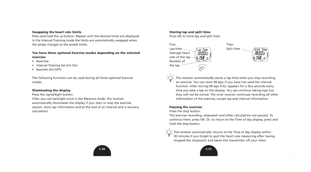 Polar s720i/s710i manual Swapping the heart rate limits, Illuminating the display, Storing lap and split time 