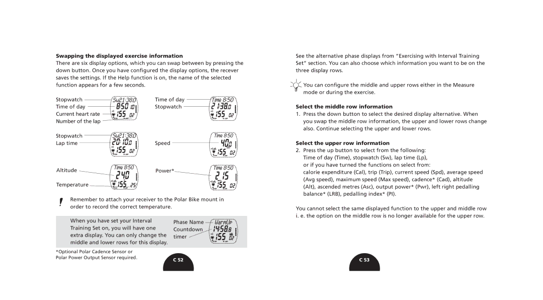 Polar s720i/s710i manual Swapping the displayed exercise information, Select the middle row information 