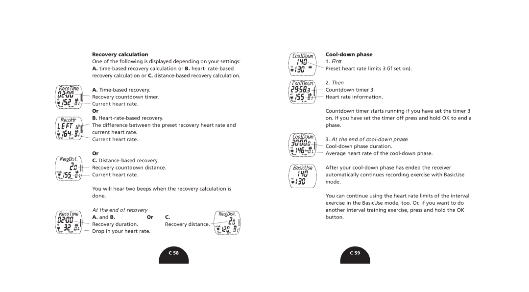 Polar s720i/s710i manual Recovery calculation, Recovery duration Recovery distance, Cool-down phase 