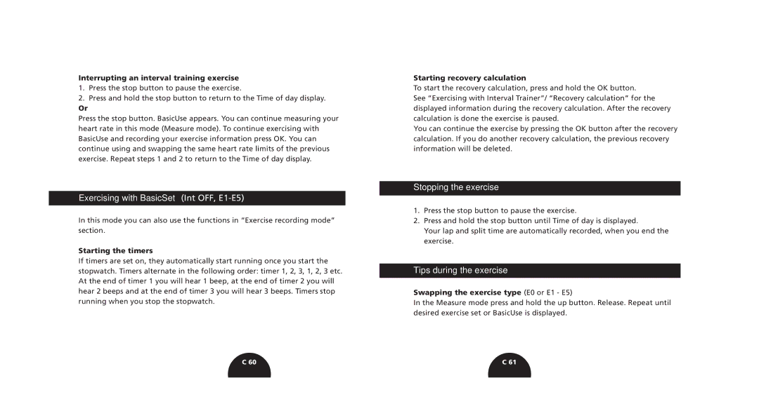 Polar s720i/s710i manual Exercising with BasicSet Int OFF, E1-E5, Stopping the exercise, Tips during the exercise 