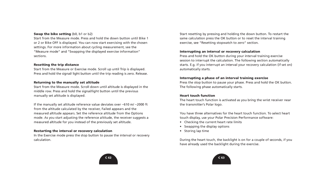 Polar s720i/s710i Swap the bike setting b0, b1 or b2, Resetting the trip distance, Returning to the manually set altitude 
