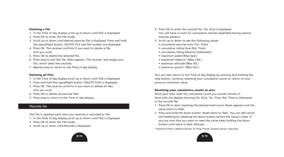 Polar s720i/s710i manual Records file, Deleting a file, Deleting all files, Resetting your cumulative counts to zero 