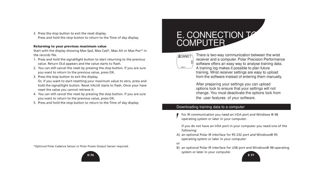 Polar s720i/s710i manual Connection to Computer, Downloading training data to a computer 