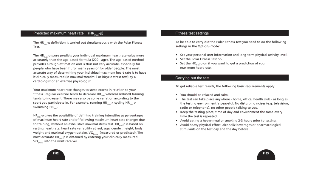 Polar s720i/s710i manual Predicted maximum heart rate HRmax-p, Fitness test settings, Carrying out the test 