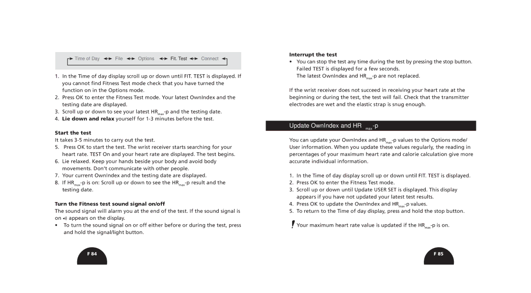 Polar s720i/s710i manual Update OwnIndex and HRmax-p, Start the test, Turn the Fitness test sound signal on/off 