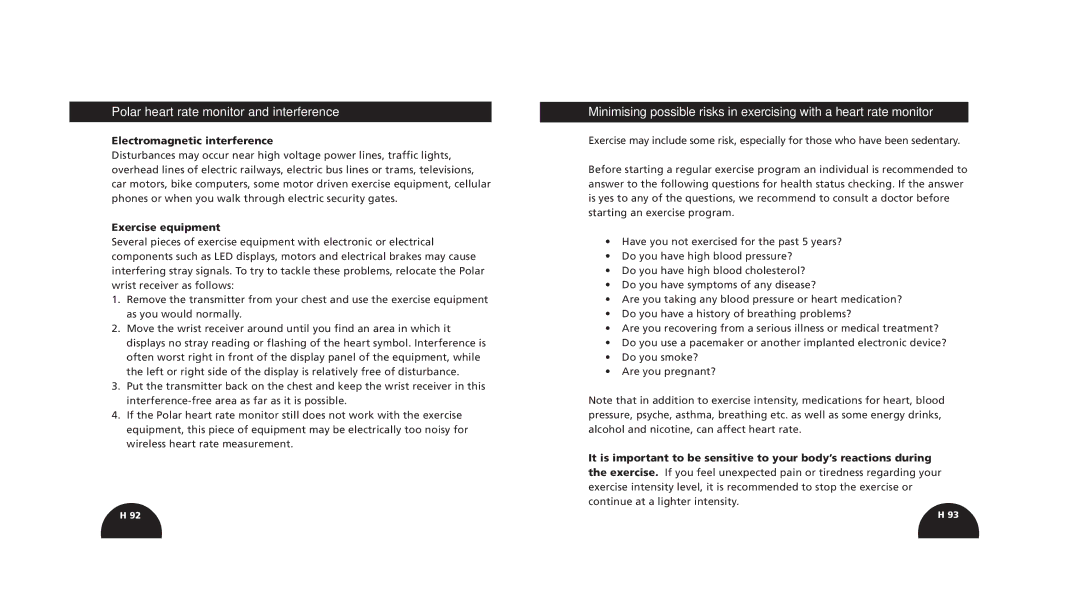Polar s720i/s710i manual Polar heart rate monitor and interference, Electromagnetic interference, Exercise equipment 