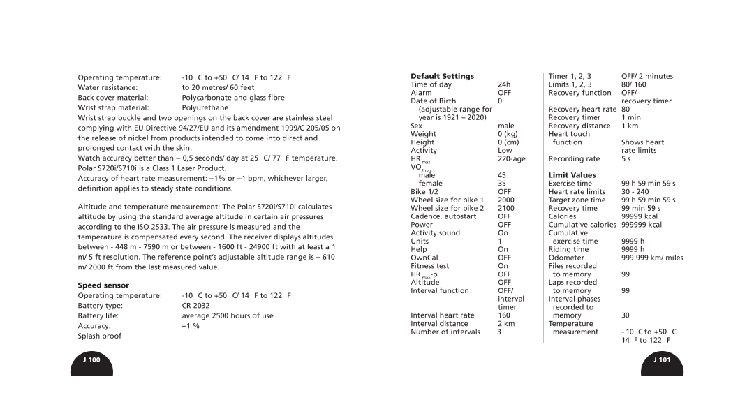 Polar s720i/s710i manual Speed sensor, Default Settings, Limit Values 