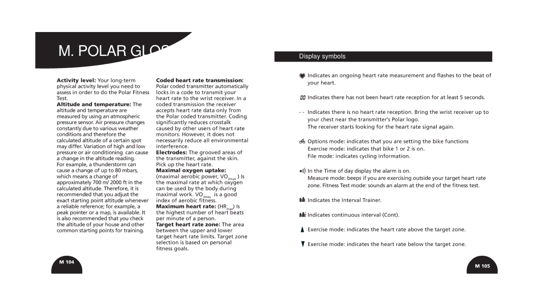 Polar s720i/s710i manual Polar Glossary, Display symbols 