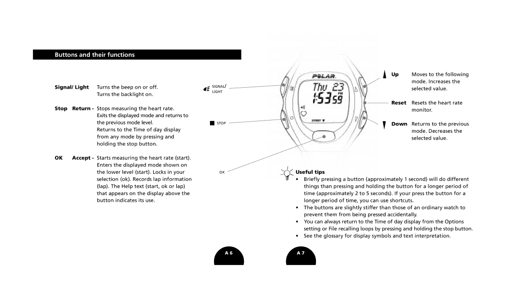 Polar s720i/s710i manual Buttons and their functions, Useful tips 