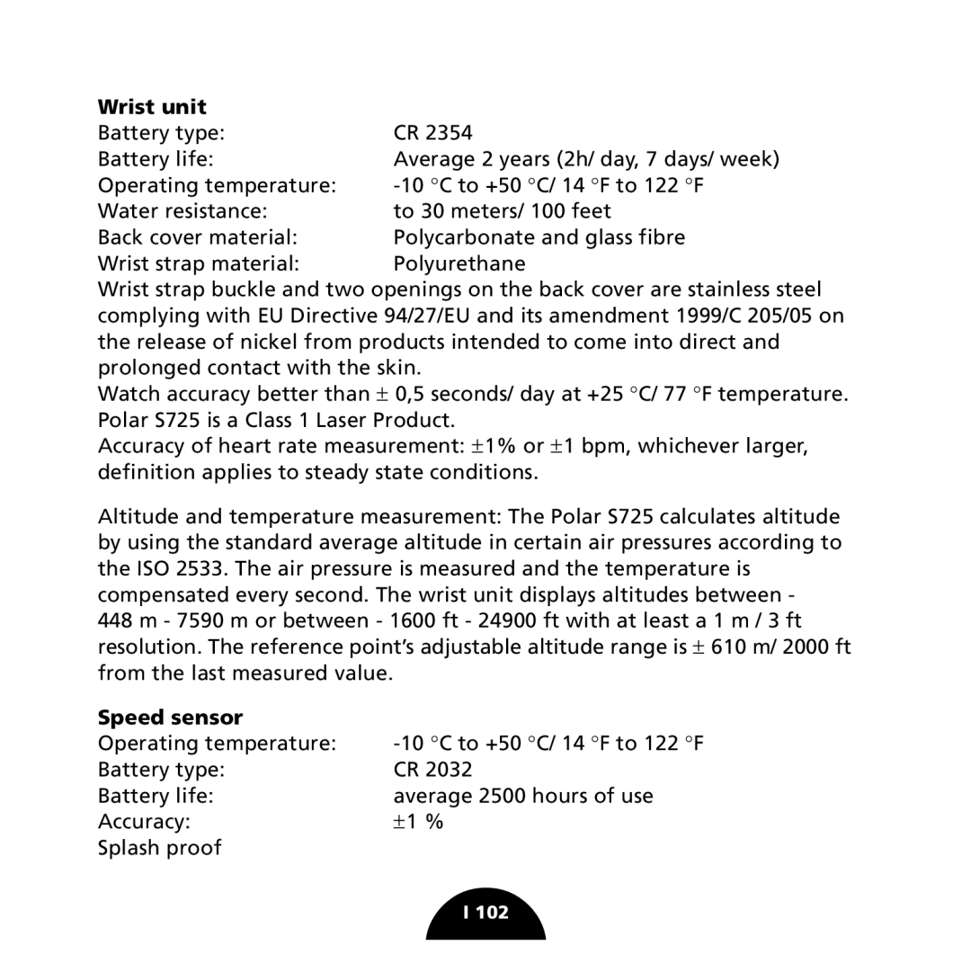 Polar S725 user manual Wrist unit, Speed sensor 