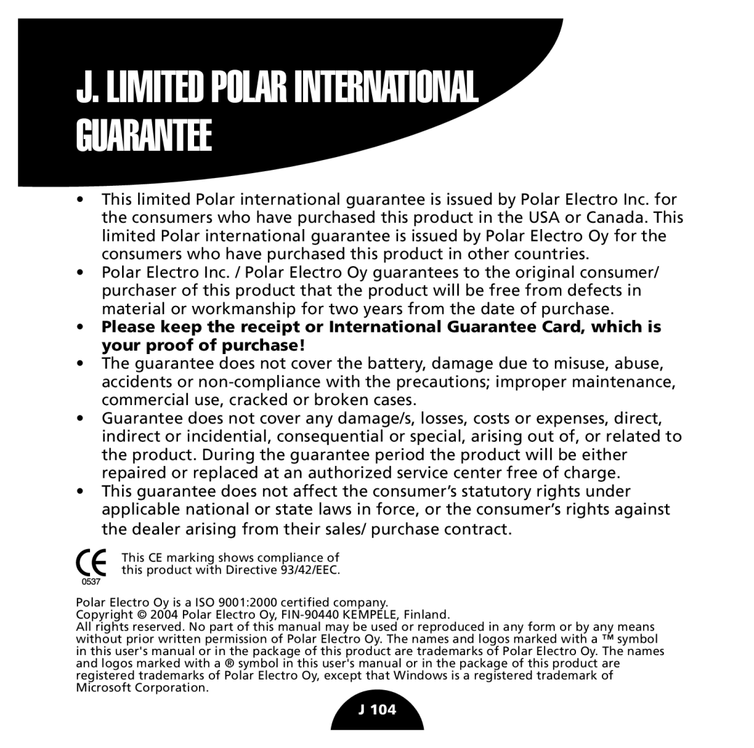 Polar S725 user manual Guarantee 