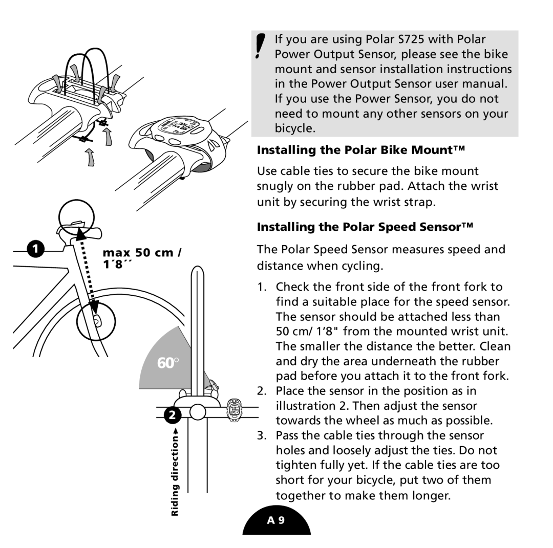 Polar S725 user manual Max 50 cm / 1´8´´, Installing the Polar Bike Mount, Installing the Polar Speed Sensor 