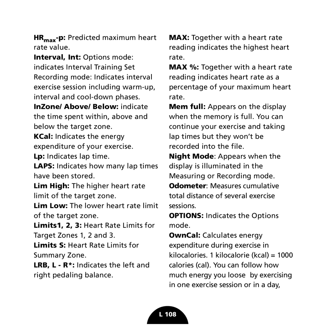 Polar S725 user manual HRmax-pPredicted maximum heart Rate value 