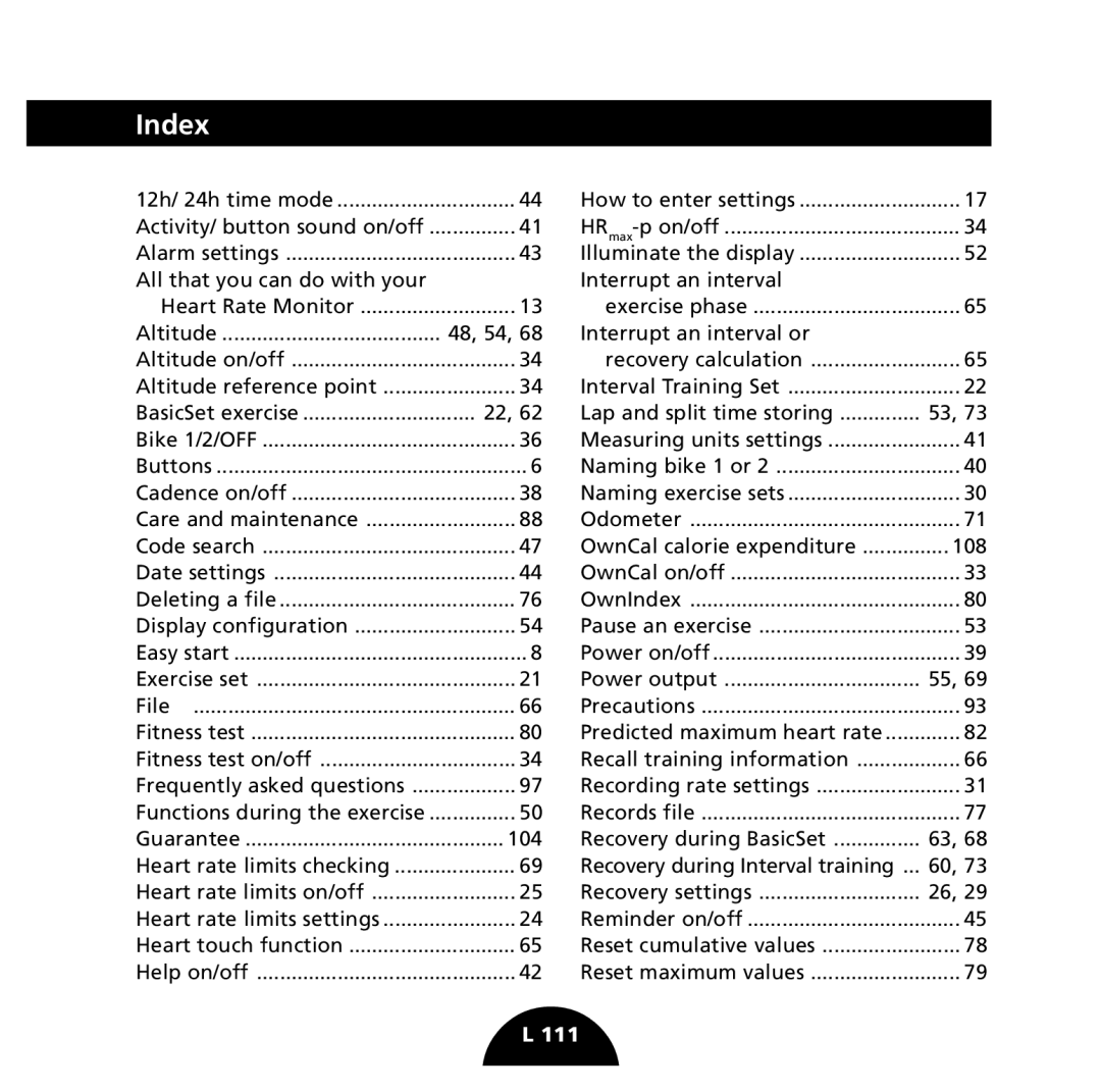 Polar S725 user manual Index, 48, 54 