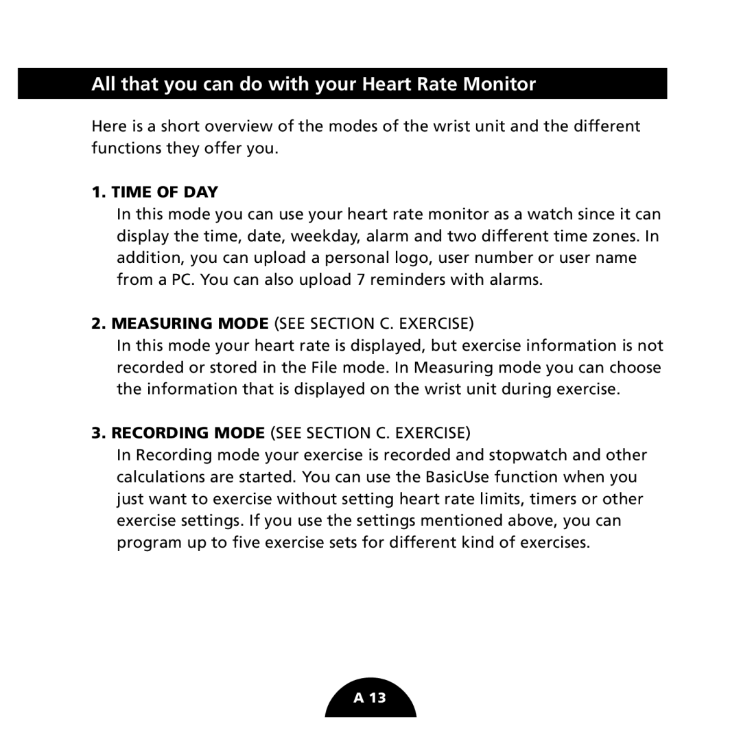 Polar S725 user manual All that you can do with your Heart Rate Monitor, Time of DAY 