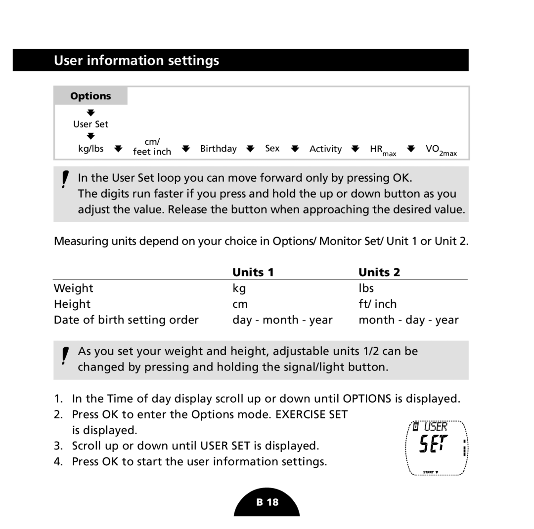 Polar S725 user manual User information settings, Units 