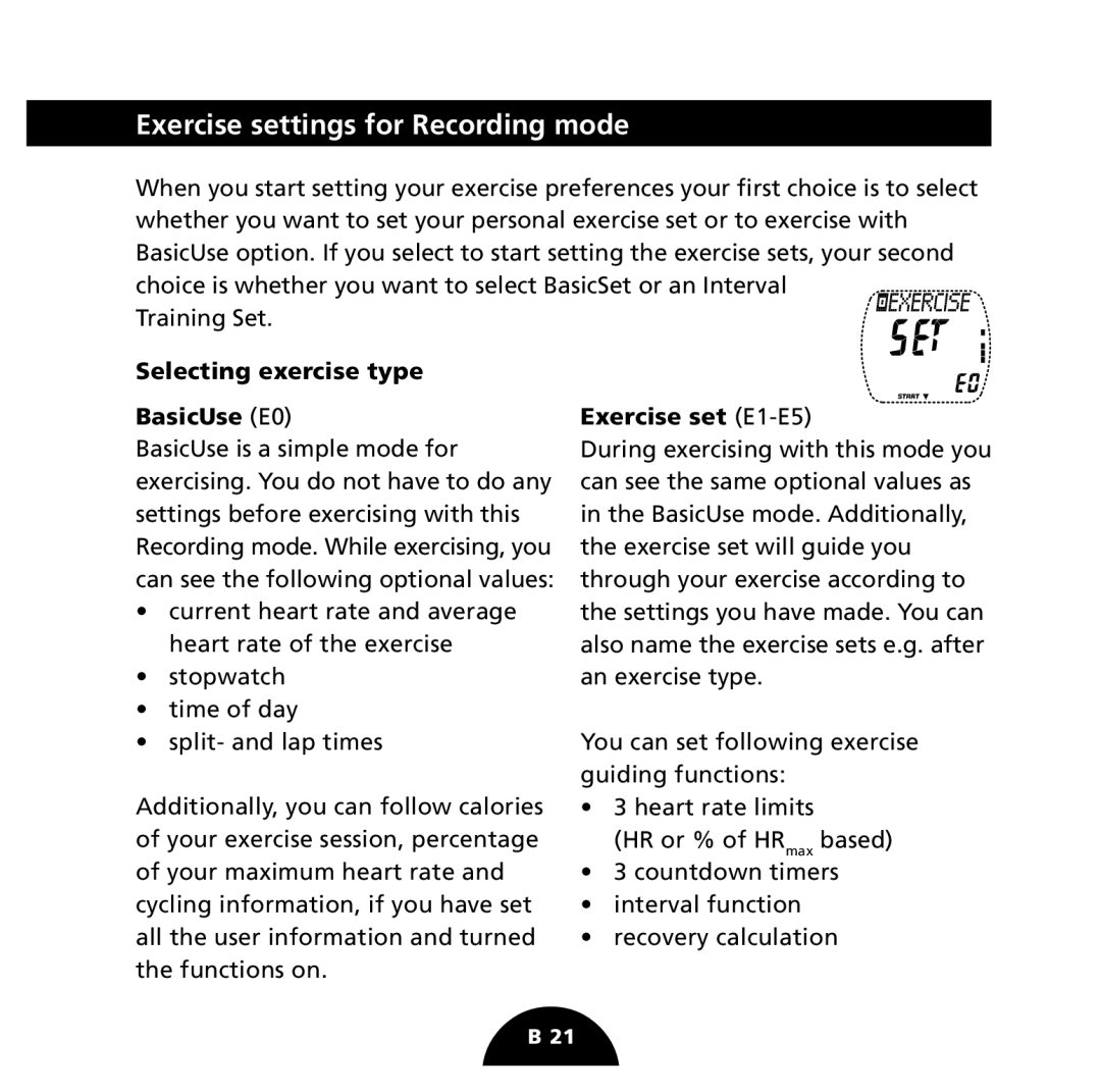 Polar S725 user manual Exercise settings for Recording mode, Selecting exercise type BasicUse E0, Exercise set E1-E5 