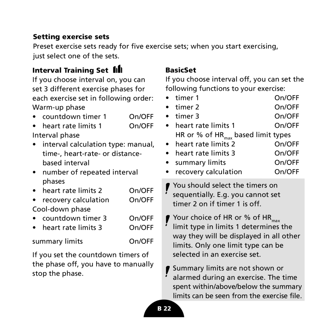 Polar S725 user manual Setting exercise sets, Interval Training Set, BasicSet 