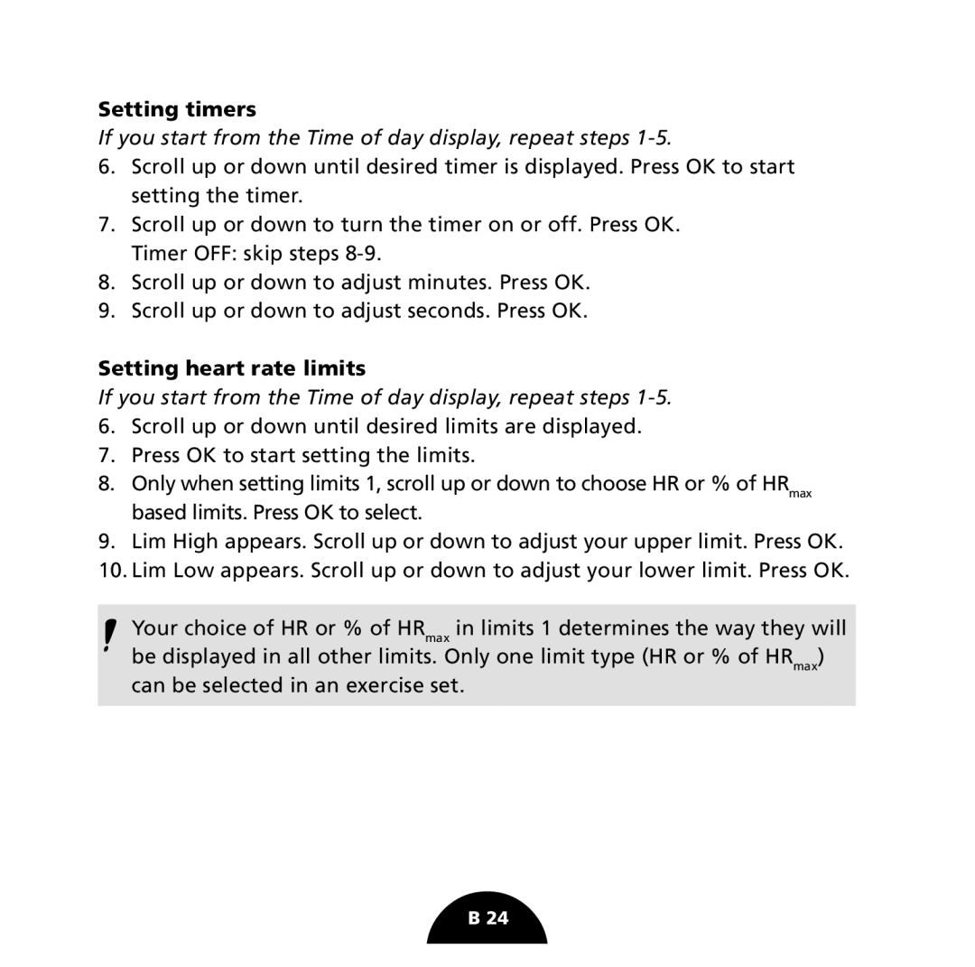 Polar S725 user manual Setting timers, Setting heart rate limits 