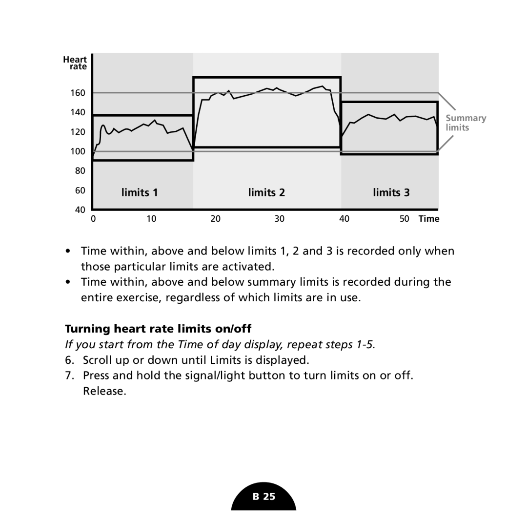 Polar S725 user manual Turning heart rate limits on/off 