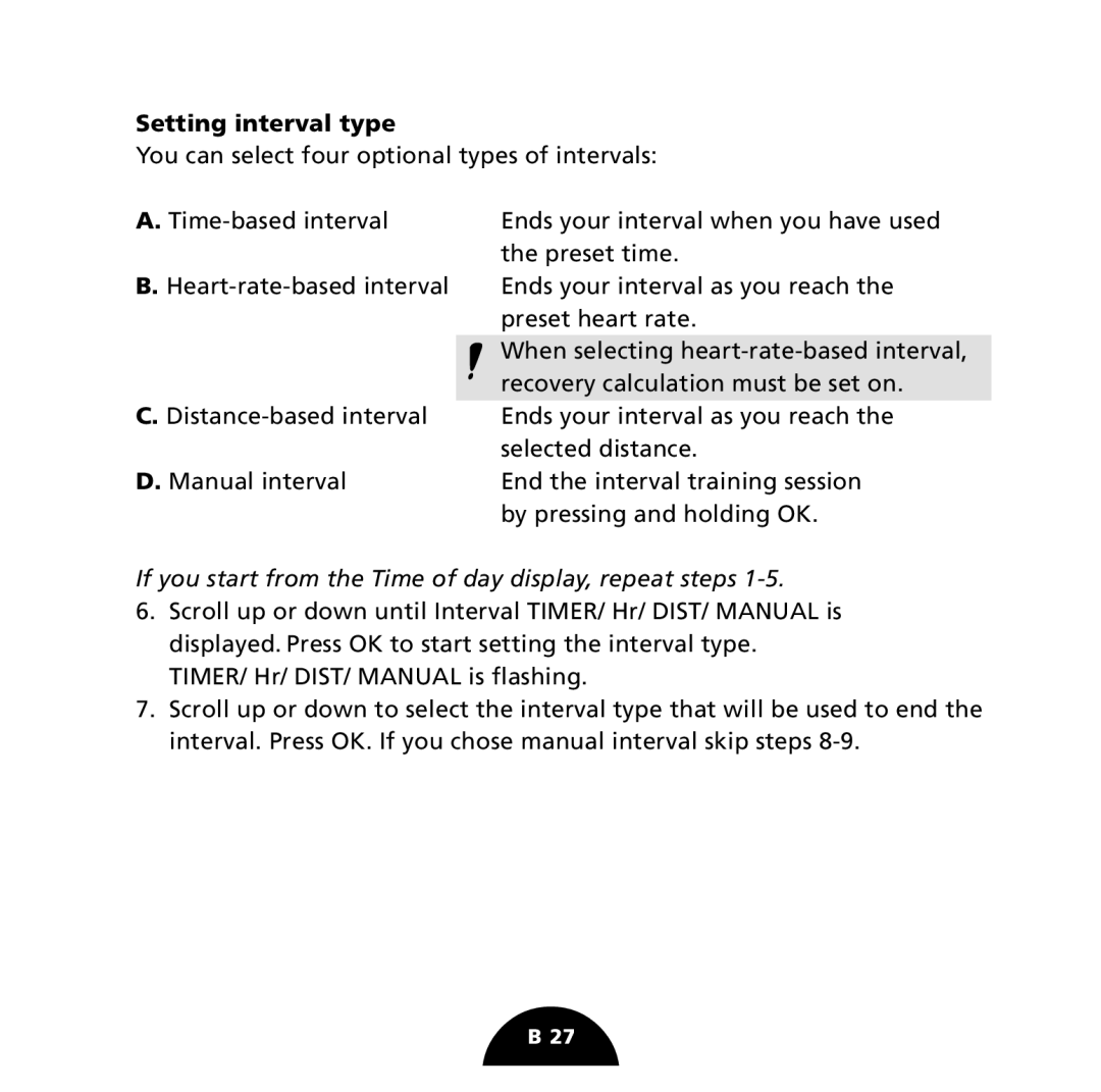 Polar S725 user manual Setting interval type 