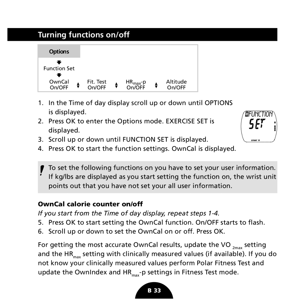 Polar S725 user manual Turning functions on/off, OwnCal calorie counter on/off 