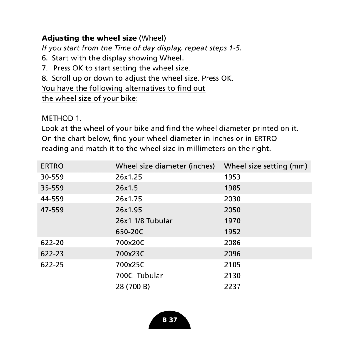 Polar S725 user manual Adjusting the wheel size Wheel, Method 