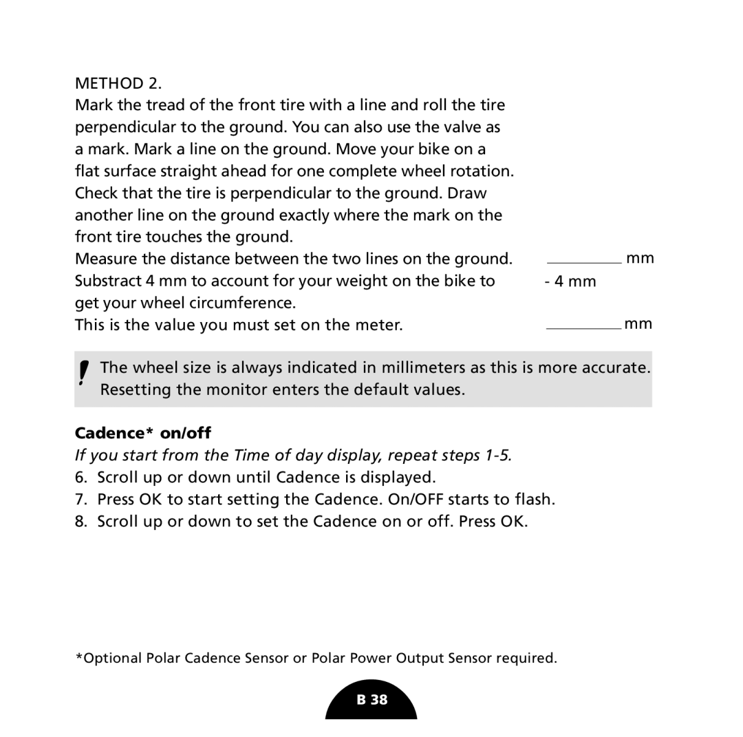 Polar S725 user manual Cadence* on/off 