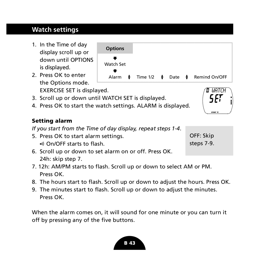 Polar S725 user manual Watch settings, Setting alarm 